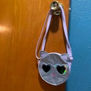 Cat face w/silver glitter faux leather purse. Lilac colored w/hearts for eyes